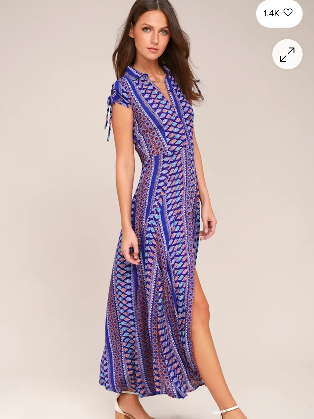 Lulu's Blue Patterned V-Neck Maxi Dress with Side Slit